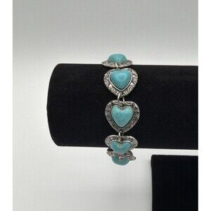 Turquoise Heart Link Bracelet Silver Tone Western Style Toggle Clasp 8"